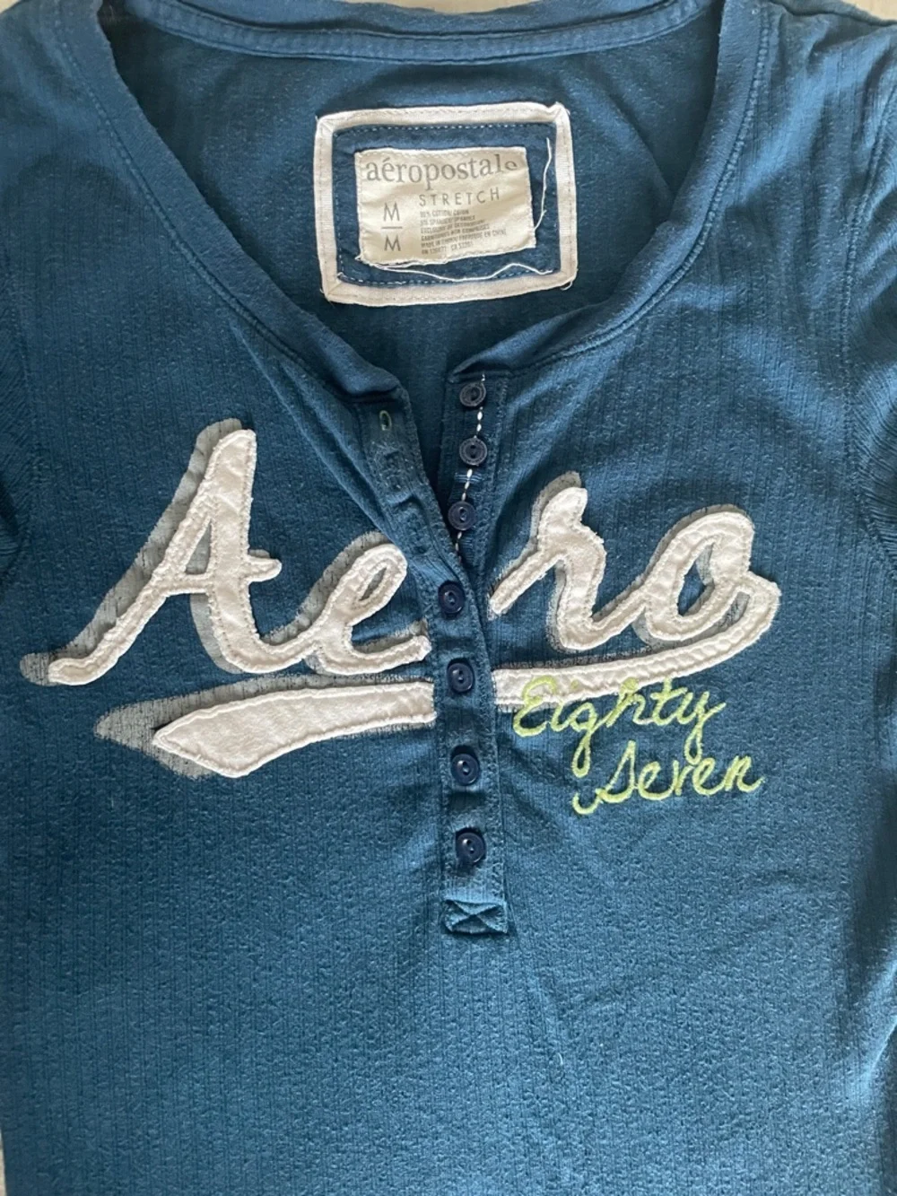 Aéropostale Vintage Navy Teal 'Aero' Logo Henley Tee - Picture 3 of 4